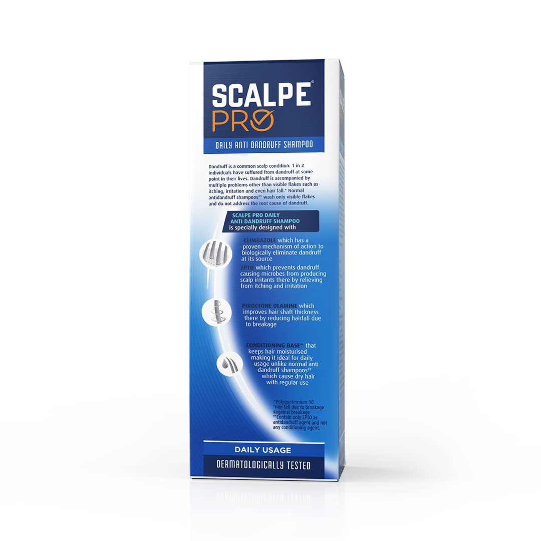 Scalpe Pro Daily Anti-Dandruff Shampoo | Removes Dandruff from Source | Helps with Itching, Irritation & Redness accompanying Dandruff | Scalpe Science | Climbazole & ZPTO Formulation | Strong & Smooth Hair | Daily Use | Dermatologically Tested Solution |