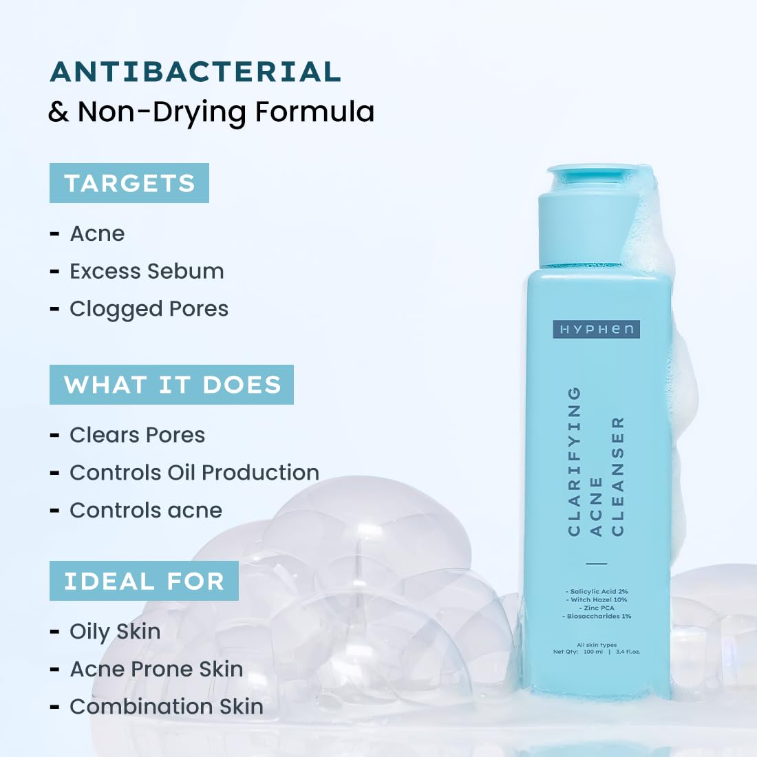 Hyphen Clarifying Acne Face Wash for Women and Men | Cleanser For Acne Prone Skin with Salicylic Acid 2%, Zinc PCA, Witch Hazel 10% | Anti-Acne Face Wash for Oil Control, Pore Cleasning | Antibacterial & Non-Drying Formula - 100ml