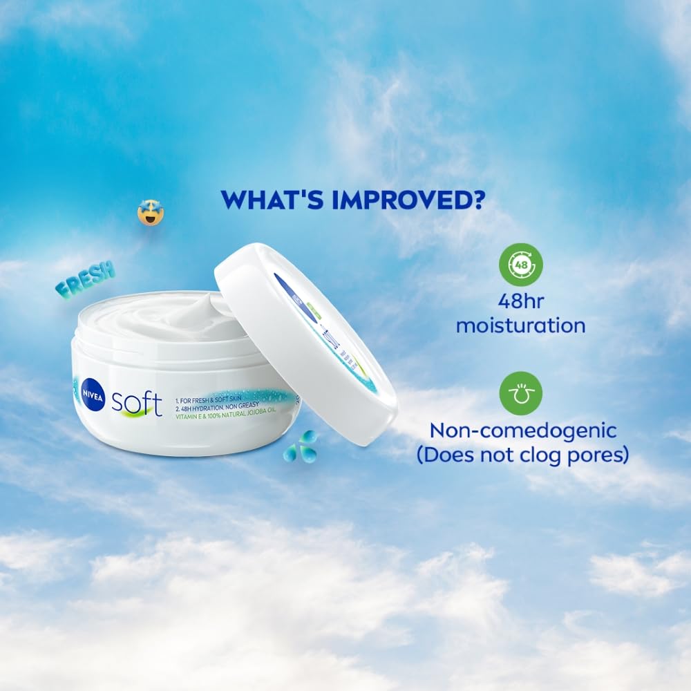 NIVEA Soft Light Moisturizer For Face, Hand & Body, Instant Hydration, Non-Greasy Cream With Vitamin E & Jojoba Oil, 100ml