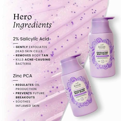 FoxTale 2% Salicylic Acid Exfoliating Body Wash With Zinc Pca|Reduces Body Acne, Strawberry Skin & Ingrown Hair|Smoothens Uneven Texture In 28 Days|Body Wash Men & Women|Exfoliating Shower Gel|250 Ml