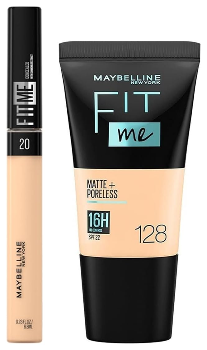 Maybelline New York Fit Me Matte+Poreless Liquid Full Coverage Foundation For Oily Skin oil Tube, 128 Warm Nude, 18Ml And New York Fit Me Full Coverage Concealer,20 Sand, 6.8Ml, Pack Of 1