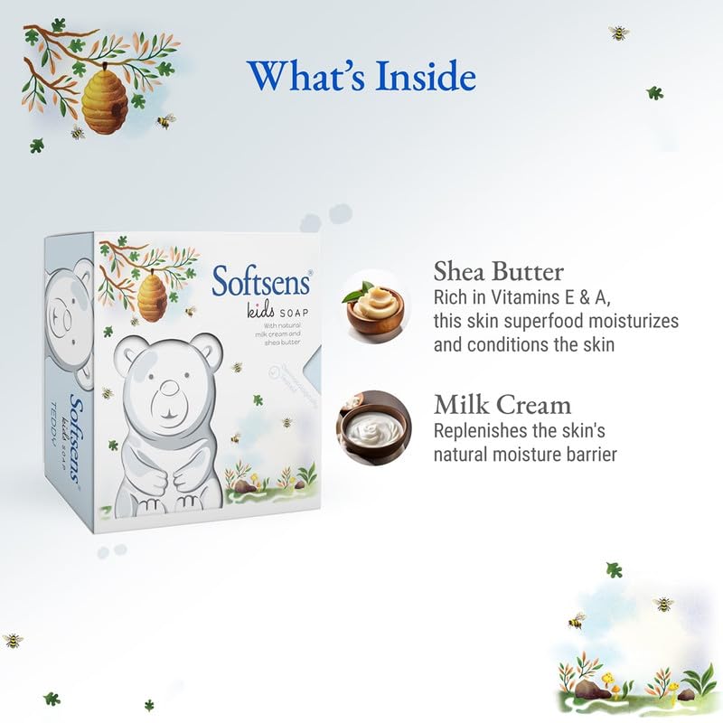 Softsens Kids Teddy Bear Soap| Grade 1 Soap| Infused Shea Butter & Milk Cream |Dermatologist Tested| Shape Soap (Pack of 3,75g each)