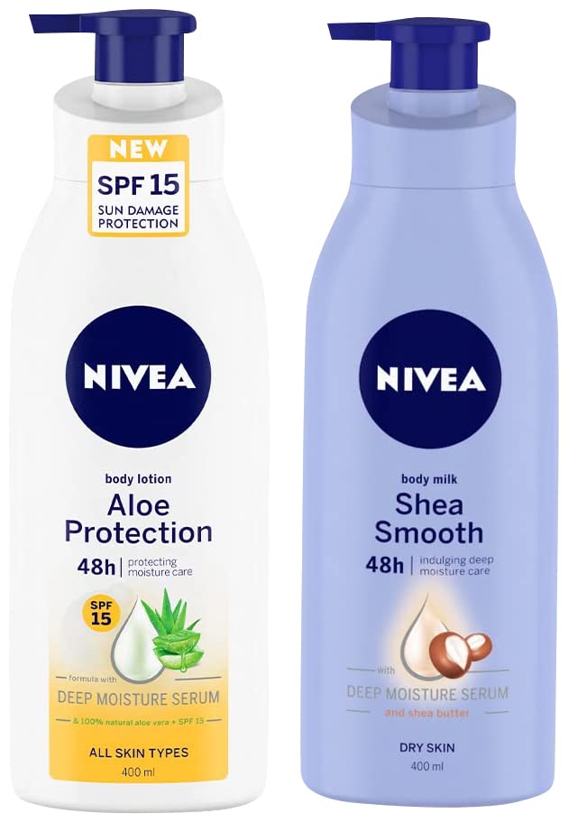 Nivea Aloe Protection SPF 15, Summer Body Lotions 400 ml & NIVEA Body Lotion for Dry Skin, Shea Smooth, with Shea Butter, 400 ml