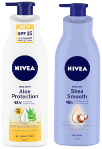 Nivea Aloe Protection SPF 15, Summer Body Lotions 400 ml & NIVEA Body Lotion for Dry Skin, Shea Smooth, with Shea Butter, 400 ml
