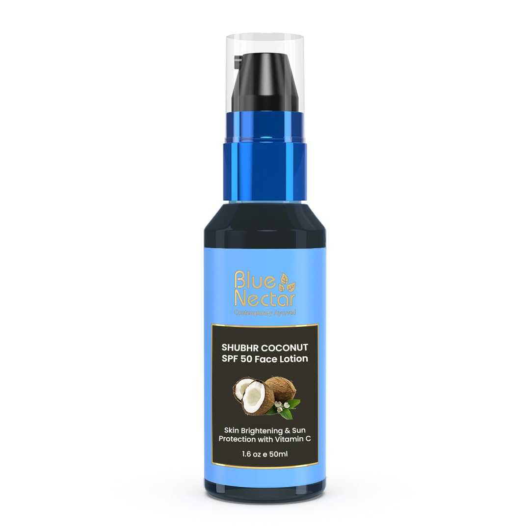 Blue Nectar Coconut Sunscreen SPF 50 Lotion | No White Cast, Plant Based Sunscreen with Vitamin C for Skin Brightening (18 Herbs, 50ml)