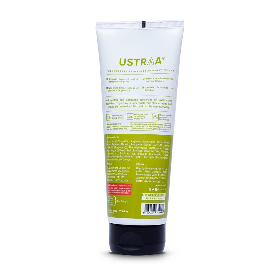 Ustraa Face Wash - Oily skin - 200g - Specially formulated for Oily Skin | With Key lime & Basil extract | Remove excess Oil & Dirt | Sulphate and Paraben Free