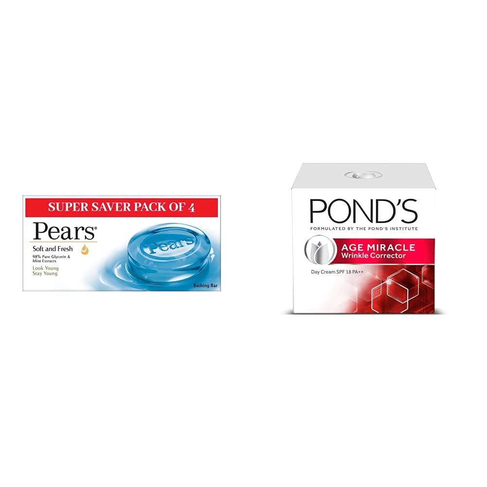 Pears Soft and Fresh Bathing Bar, 125g (Buy 3 Get 1 Free) And POND'S Age Miracle Wrinkle Corrector Day Cream SPF 18 PA++ 20g