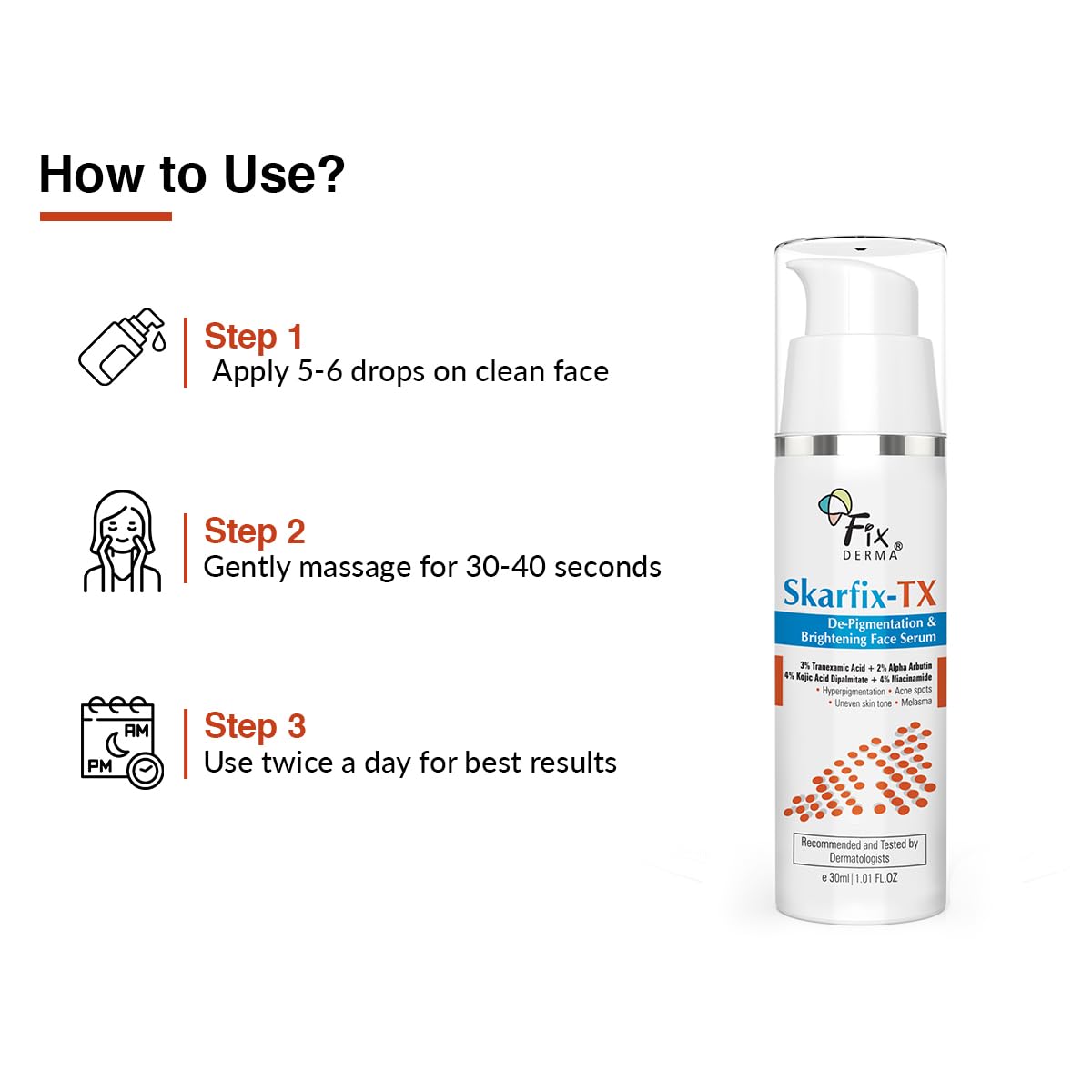 Fixderma Skarfix-TX Face Serum with 4% Kojic Acid, 4% Niacinamide Serum, 3% Tranexamic Acid & 2% Alpha Arbutin | Treats Hyper Pigmentation & Melasma | Reduce Acne Spots | brightening the Skin - 30Ml