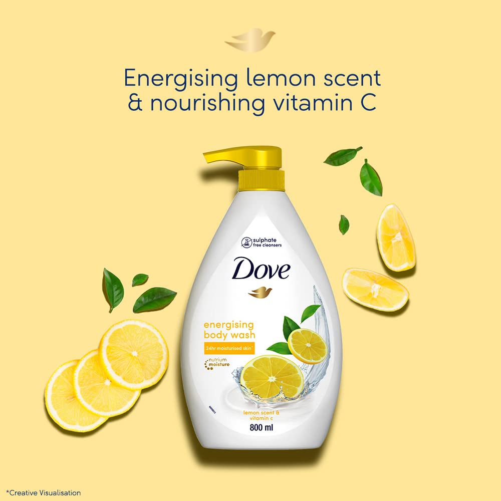 Dove Energising Body wash with energising lemon scent and nourishing Vitamin C, 100% gentle and paraben free/sulphate free cleansers, 100% plant- based moisturisers, 800ml