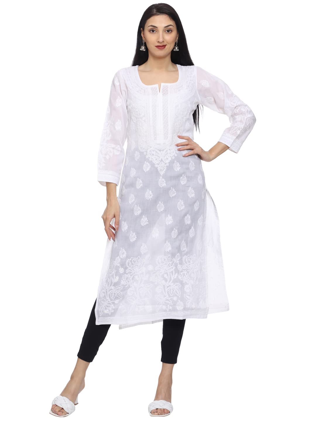 Ada Hand Embroidered Lucknowi Chikankari Straight Cotton Kurti Kurta for Women A220999 White 2XL