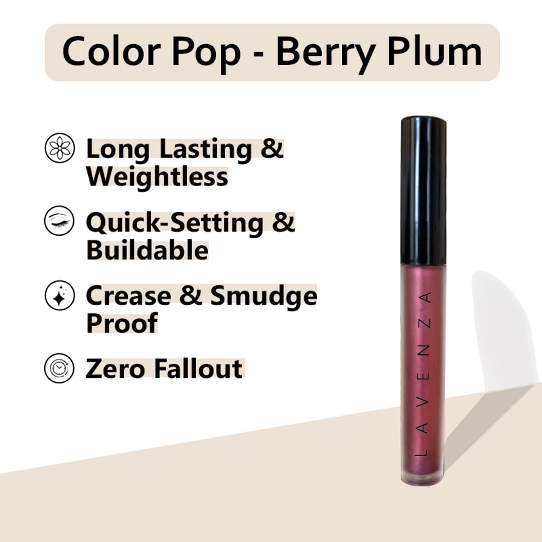 Lavenza Color Pop Berry Plum - Vegan Liquid Metallic Eyeshadow | Long-Lasting, Crease Proof, Smudge Proof | One Swipe Application | With Date Extract | 3.5 Ml