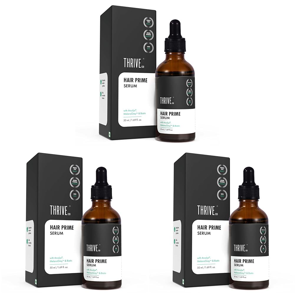 ThriveCo Anti-Grey Hair Prime Serum | Reverses & Limits Hair Greying | Arcolys + Biotin + Black Tea Extract | Light-Weight, Non-Sticky & Odourless | For Men and Women | 50 Ml (Pack of 3)