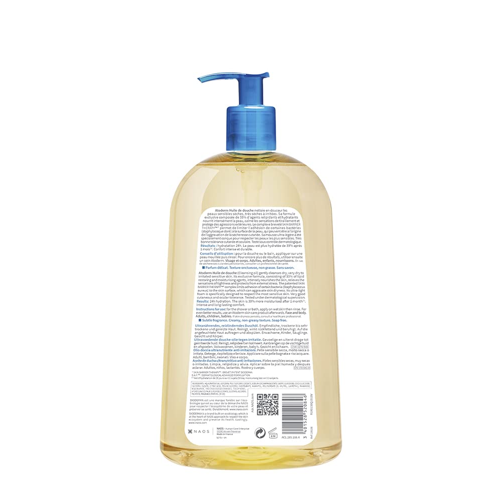 Bioderma Atoderm Huile de douche Anti-iritation Cleaning Oil | 24hrs Hydration | Face and Body Moisturizer | Soothes Discomfort - Dry to Very Dry Sensitive Skin - 1 Ltr