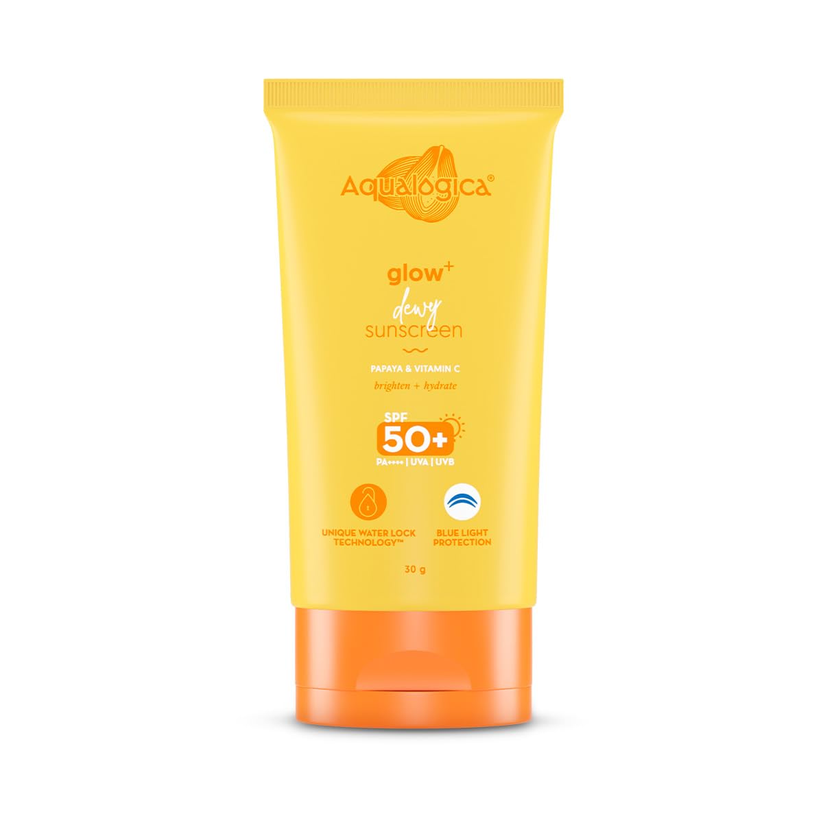 Aqualogica Glow+ Dewy Sunscreen SPF 50 PA++++ with Papaya & Vitamin C | For Dry, Sensitive, Oily & Combination Skin | UVA/B & Blue Light Protection | Travel Friendly | For Men & Women | 30g