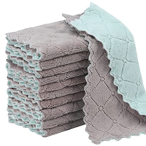 Rachan 11Pack Kitchen Dish Cloths, Reusable Dish Towels, Nonstick Oil Washable Fast Drying, Super Absorbent Coral Velvet Cleaning Cloths for Cleaning Tableware, Kitchen, Bathroom (Pink - green10 x 6")