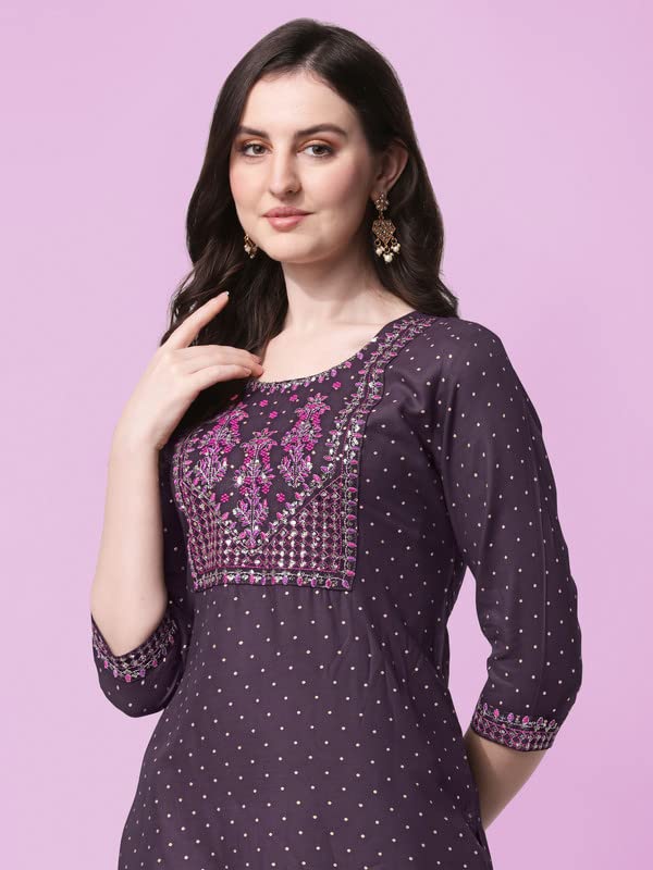 SOURBH Women's  Rayon Sequins Embroidered and Polka Dots Printed Straight Fit Kurti Only 2XL Purple