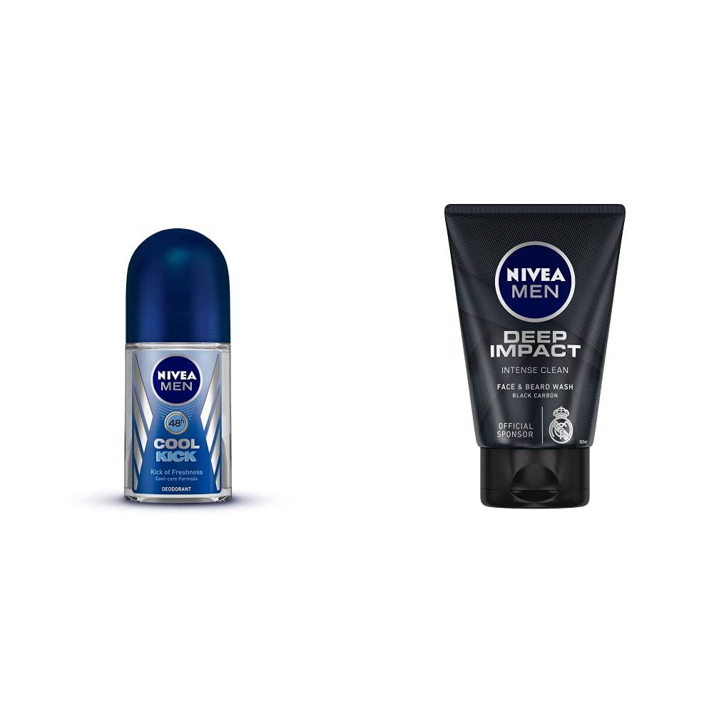 Nivea Roll-On Deodorant, Cool Kick for Men, 50ml And Face Wash, Deep Impact Intense Clean for Men, 100g