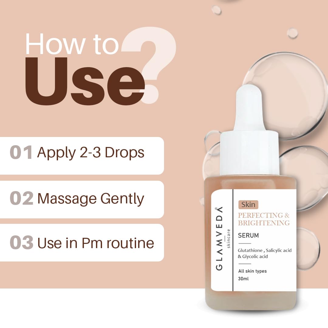 Glamveda Glutathione Skin Perfecting Face Serum with 2% ww Glycolic acid, 1% ww Salicylic acid for Glowing Skin | Brightening and Lightening Serum | 30ml