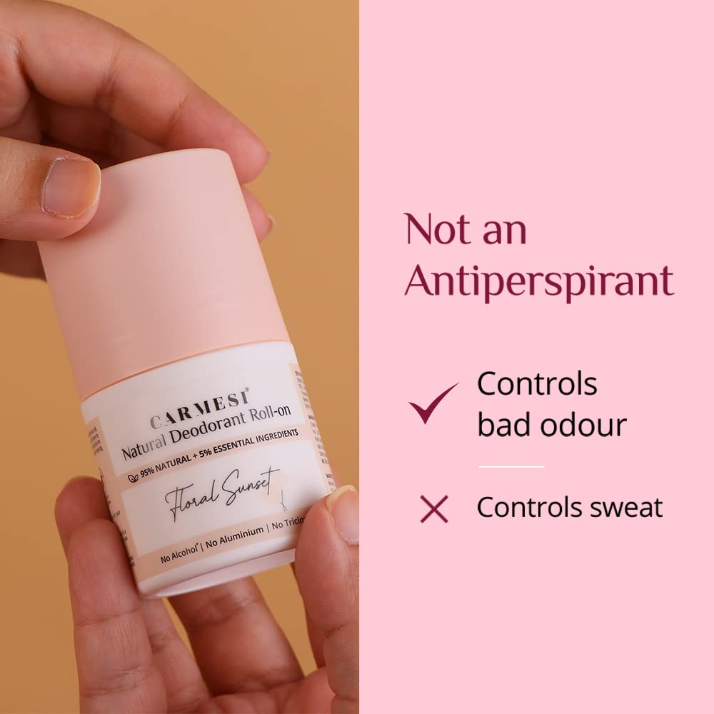 Carmesi Natural UnderArms Roll On Deodorant for Women | 95% Natural + 5% Essential Ingredients | For Fresh Underarms All Day | No Alcohol & Aluminium | Floral Sunset | 50 ml (Pack of 3)