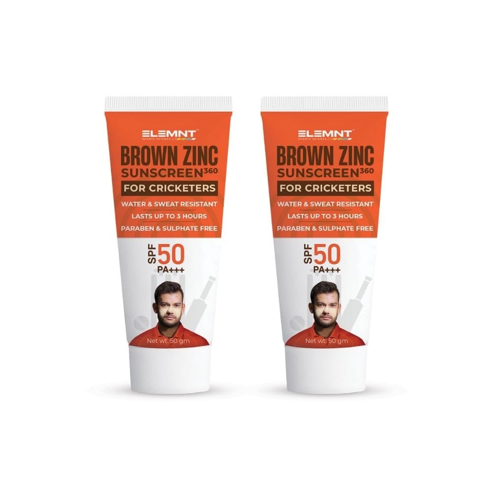 Elemnt Brown Zinc Sunscreen for Cricketers | SPF 50 Zinc Suncream, Broad Spectrum PA+++ with Aloe Vera | Formulated For Heavy Sun Exposure | Water Resistant Sunscreen for Cricketers & Sports| Men & Women | 50+50 GM