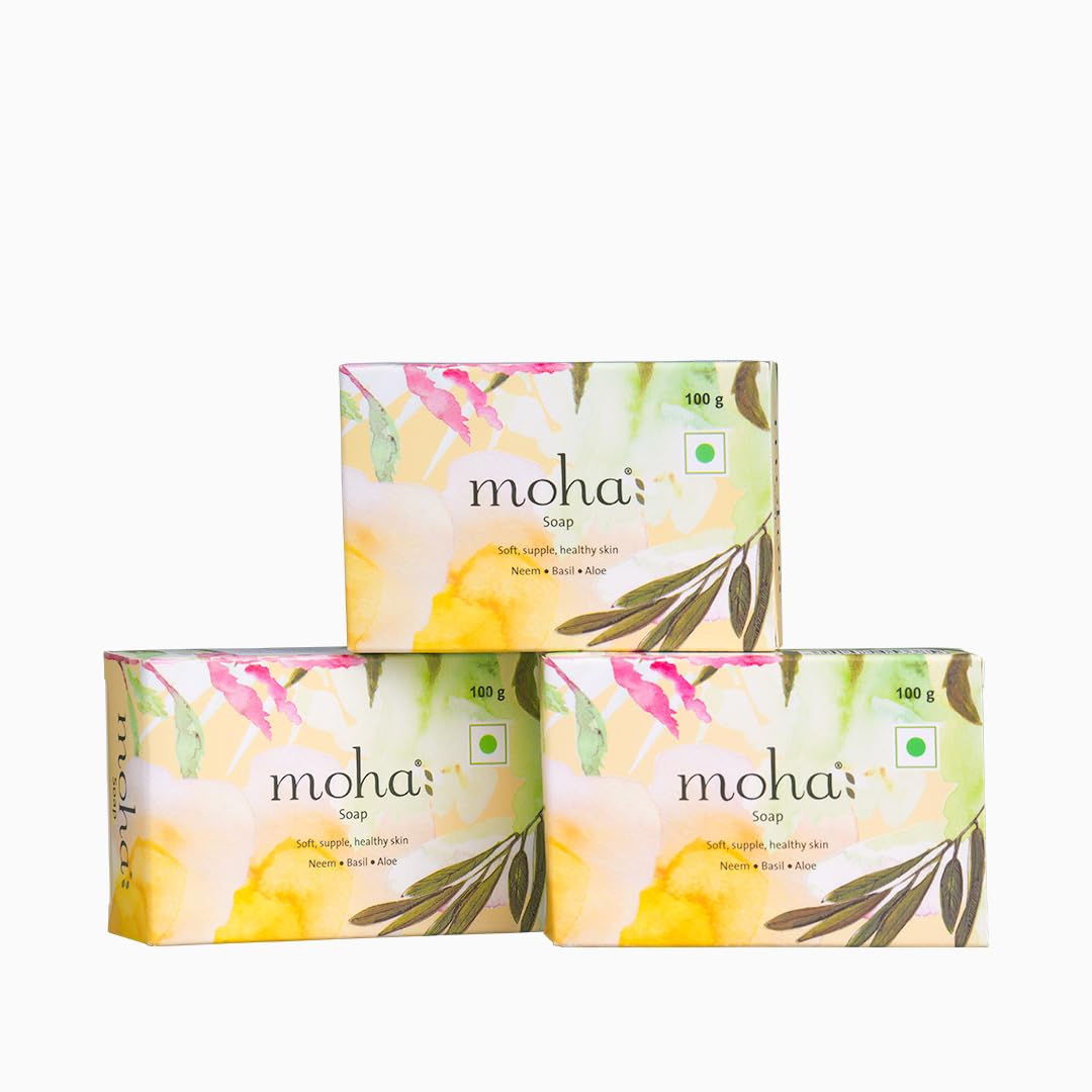 moha Herbal Soap A natural face & body cleanser! With Goodness Of Aloe Vera Gel, Basil & Neem used as bathing Soap, Face & Body Soap, Unisex Bathing Bar - 100gm each (Pack of 3)