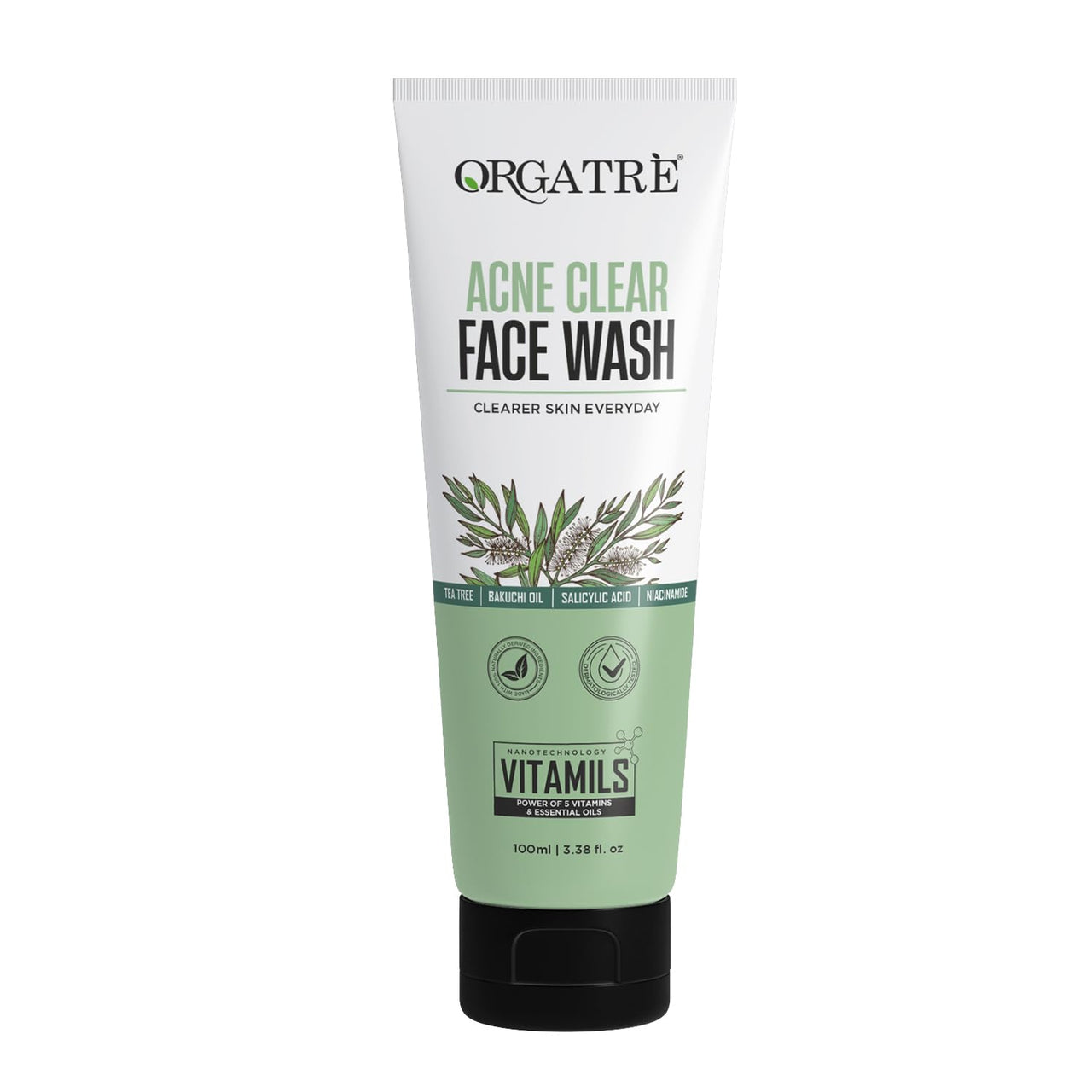 Orgatre Acne Clear Face Wash with Tea Tree, 2% Salicylic Acid & Niacinamide | Anti-Acne & Pore-Cleansing Formula for Clearer Skin | 100ml