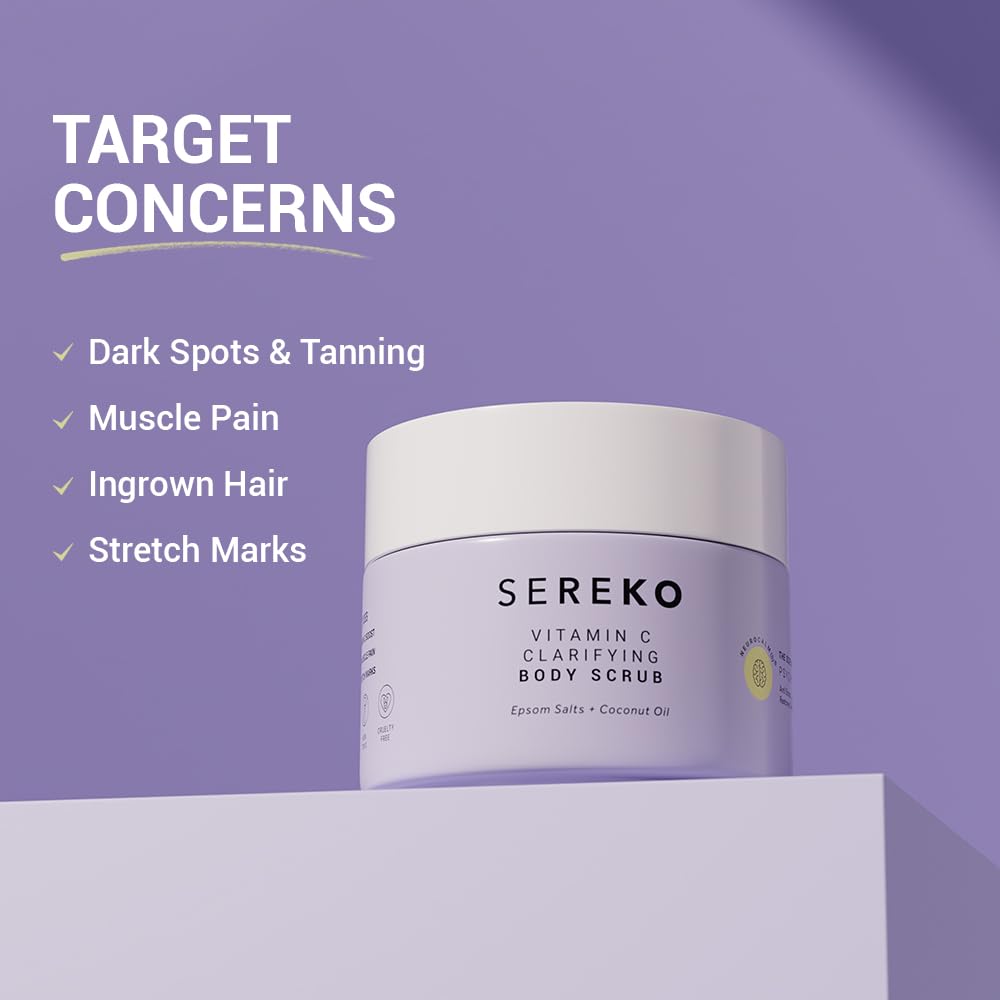 SEREKO Clarifying Gentle Exfoliation Body Scrub made with Fine textured Bath salts, Psycodermatology Formula, Vitamin C and Epsom salts, Skin Brightening Formula & Removes Dead Skin. 100g