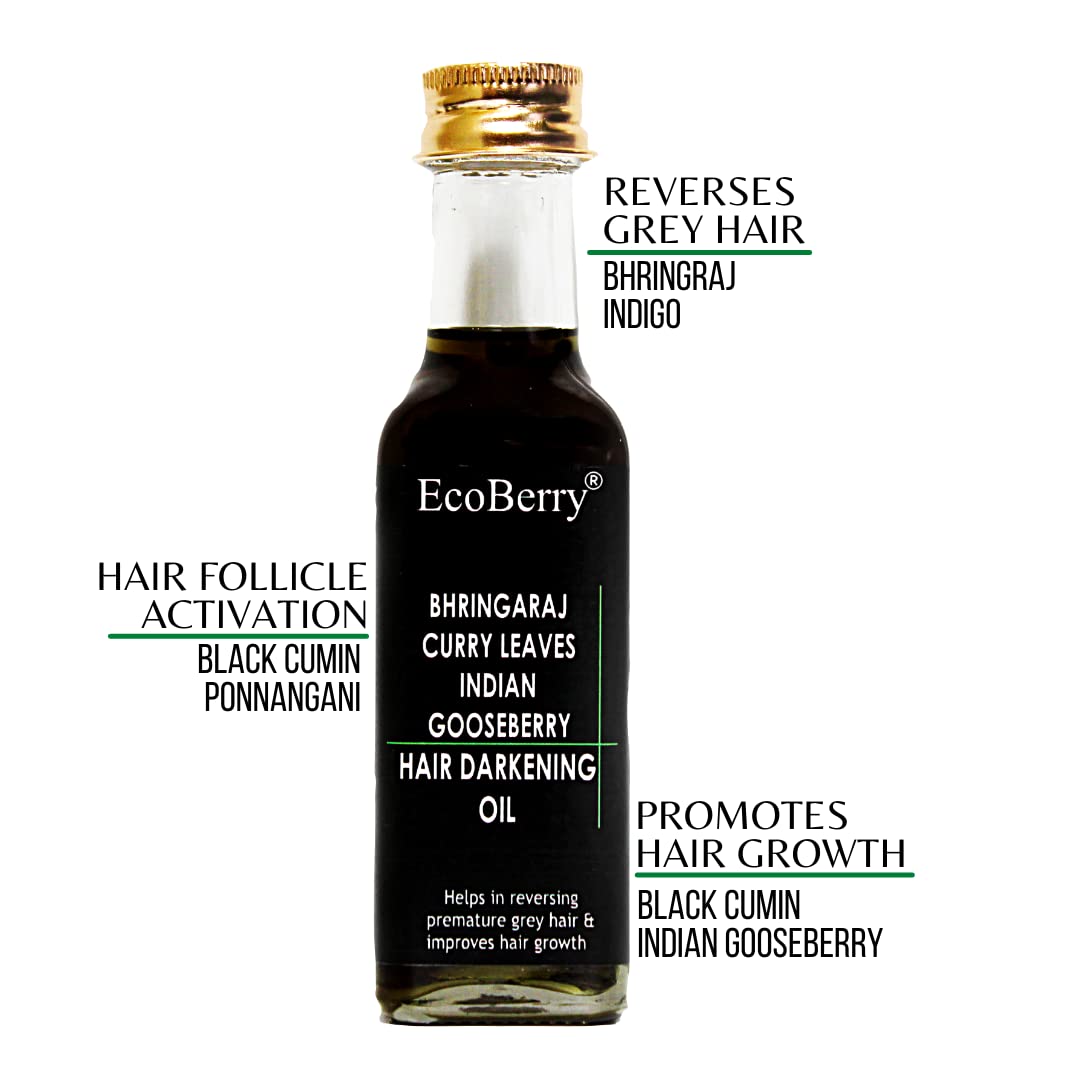 EcoBerry Bhringraj Curry Leaves Indian Gooseberry Hair Darkening Oil | 100% Natural, Organic & Vegan | Strengthens Hair, Reduces Breakage, Dandruff & Dry Scalp | Chemical-Free, Alcohol-Free, Paraben-Free | 100ml
