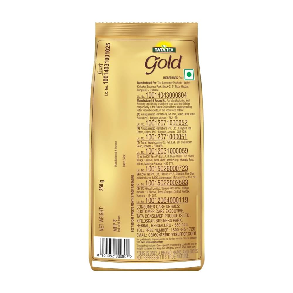 Tata Tea Gold 250 gram, Assam Teas With Gently Rolled Aromatic Long Leaves, Rich & Aromatic Chai, Black Tea, Loose Leaves