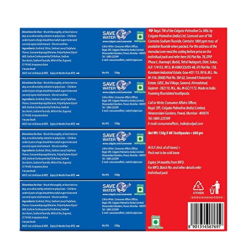 Colgate MaxFresh 600g (150g x 4, Pack of 4) Breath Freshener Toothpaste, , Peppermint Ice, Blue Gel Paste with Menthol, Cooling crystals for bad breath control