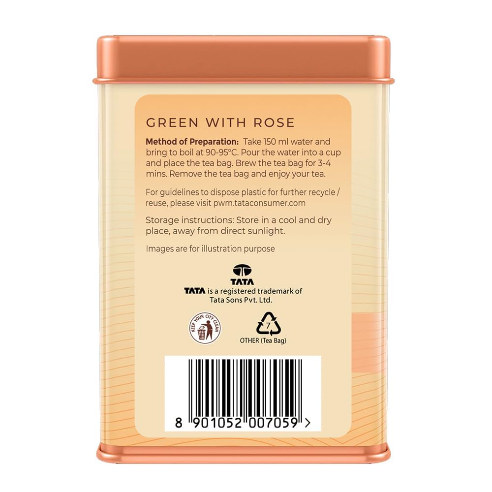 1868 by Tata Tea Green with Rose Tea Bags, Green Tea Leaves and Rose Petals, Green Tea Rich in Antioxidants, 15 Tea Bags