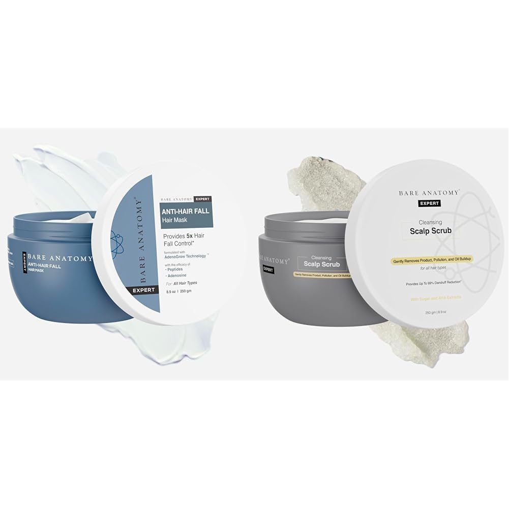 Bare Anatomy Anti-Hair Fall Mask Enriched with Adenosine and Peptides | 250 ml Scalp Scrub with Natural AHAs, Coconut & Sugar For Women & Men | 250g