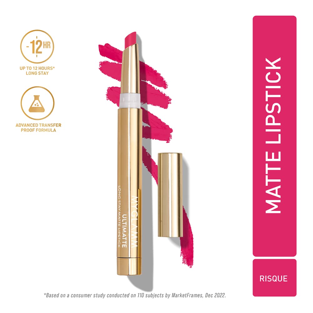 MyGlamm Ultimatte Long Stay Matte Lipstick - Risque (Pink) | Long Lasting Lipsticks for Women With 12hr Stay | Transfer Proof | Rich Colour | Moisturising, Lightweight Formula | 1.3g