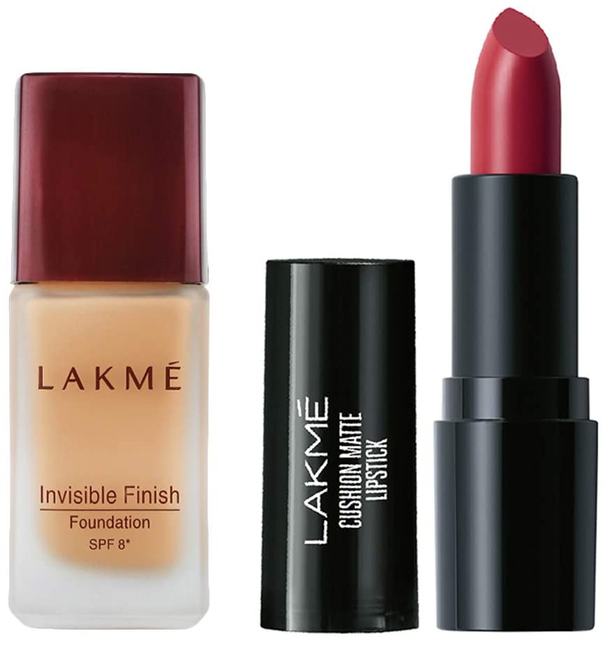 Lakmé Invisible Finish Spf 8 Natural Cream Light Coverage Foundation For All Skin, Shade 01, 25Ml & Cushion Matte Lipstick, Red Wine, 4.5 G, 1 Count