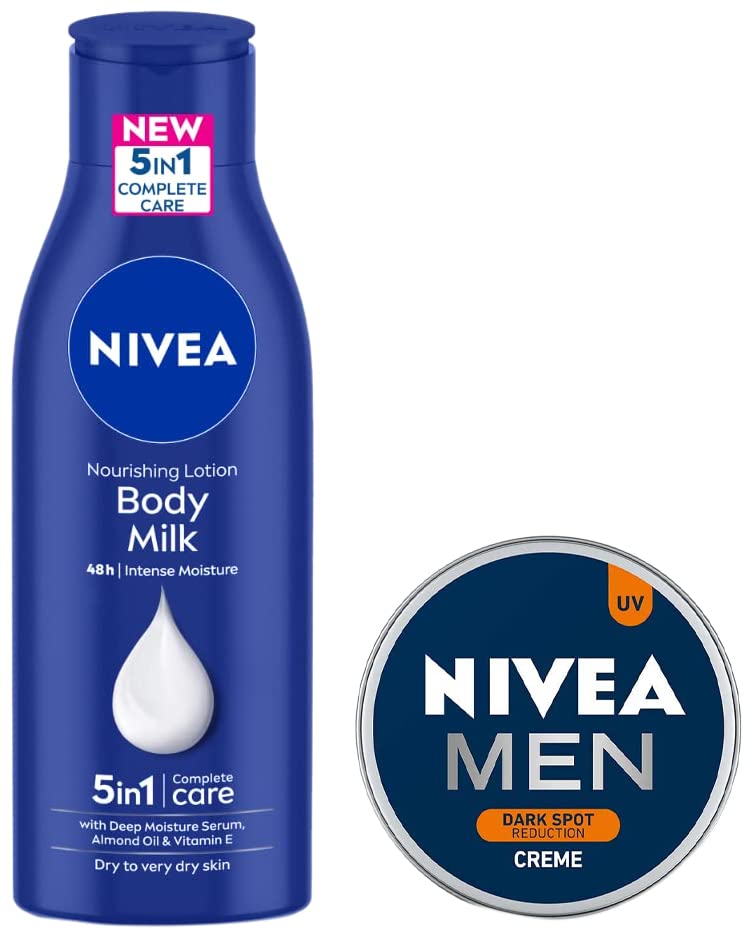 NIVEA Body Lotion for Very Dry Skin, Nourishing Body Milk with 2x Almond Oil, For Men & Women, 200 ml & NIVEA Men Crème, Dark Spot Reduction, Non Greasy Moisturizer, Cream with UV Protect, 75 ml