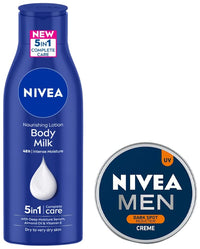 NIVEA Body Lotion for Very Dry Skin, Nourishing Body Milk with 2x Almond Oil, For Men & Women, 200 ml & NIVEA Men Crème, Dark Spot Reduction, Non Greasy Moisturizer, Cream with UV Protect, 75 ml