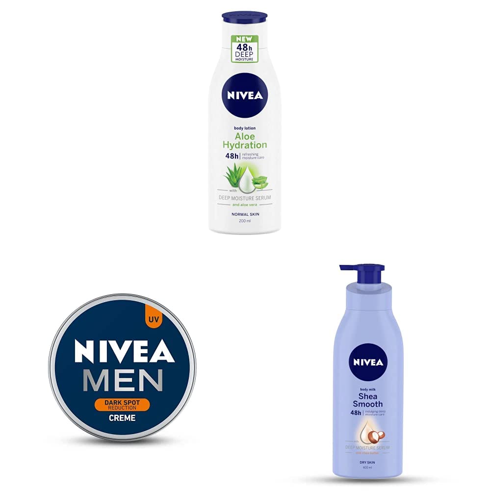 NIVEA Body Lotion,200 ml&NIVEA Men Crème, 75 ml&NIVEA Body Lotion for Dry Skin, Shea Smooth, with Shea Butter for 48H Moisturization,400 ml