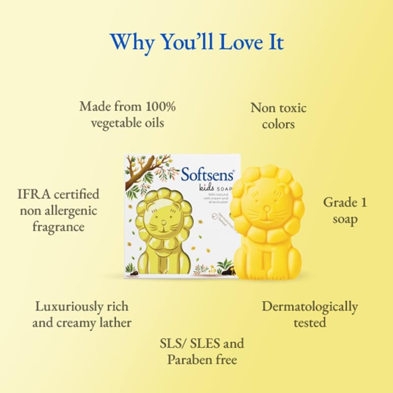 Softsens Kids Samba the Lion Soap| Grade 1 Soap| Infused Shea Butter & Milk Cream |Dermatologist Tested| Shape Soap (Pack of 3,75g each)