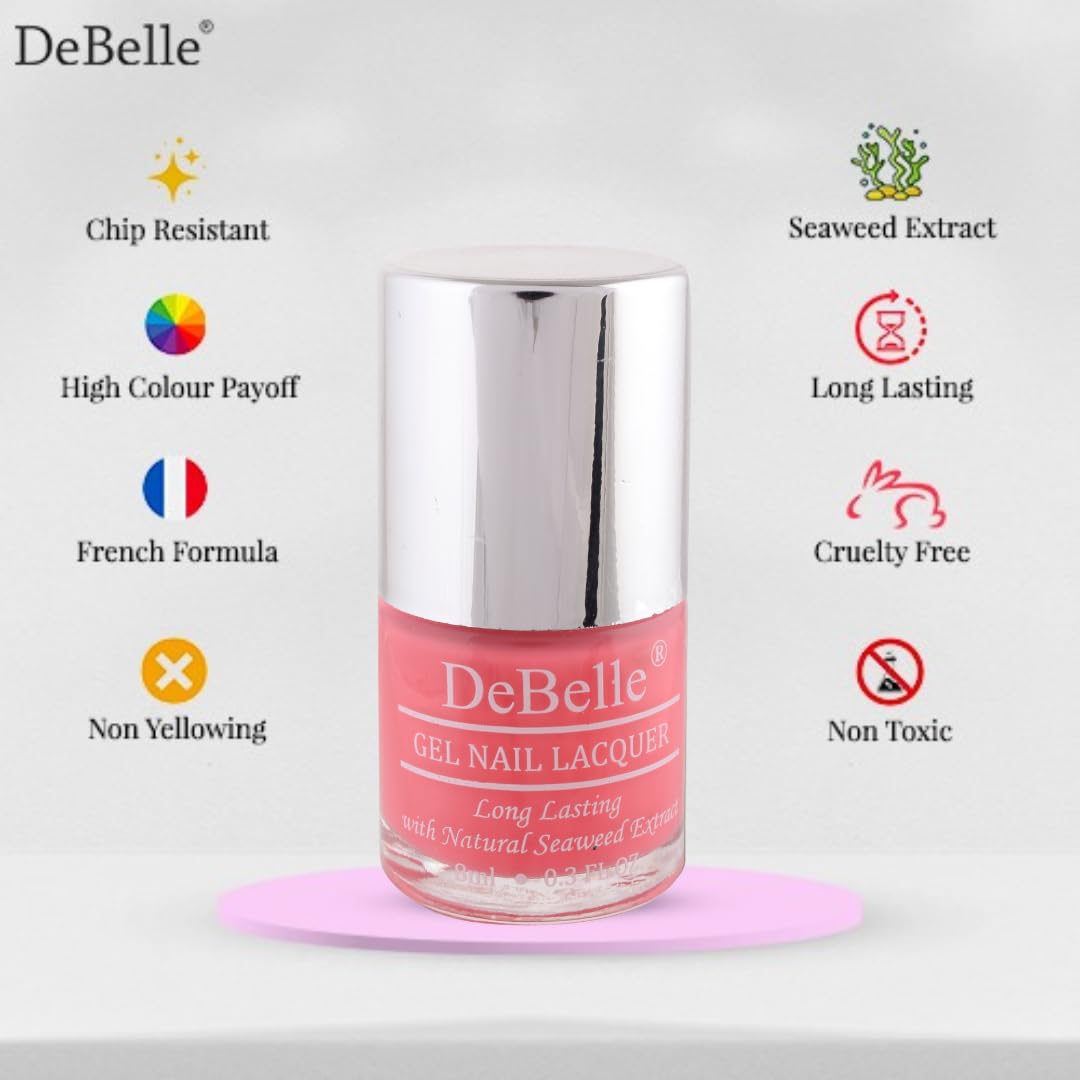 DeBelle Gel Nail Polish Bebe' Kiss (Hot Pink Nail Paint)|Non UV - Gel Finish |Chip Resistant | Seaweed Enriched Formula| Long Lasting|Cruelty and Toxic Free| 8ml Glossy Finish