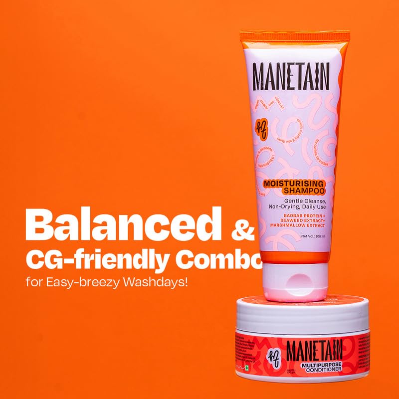 MANETAIN Beginner Basic Bundle | Moisturising Shampoo 100ml & Multipurpose Conditioner 100gm | Protein/Moisture Balanced for Curly, Wavy & Frizzy Hair | Frizz Control, Hydrating, Strengthening, Curl Enhancing | CG Friendly