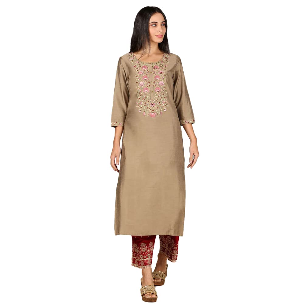 Kashish Women's  Viscose Embroidered Round Neck Straight Fit Kurta