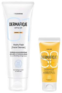 Dermafique Vitality Flash Facial Cleanser – 100ml Orange Zest Extract Removes Sebum (Oil) Face Wash with Micro Pearls Exfoliator Soap Paraben & Alcohol Free SPF 50 PA +++ Sunscreen 50g for Normal