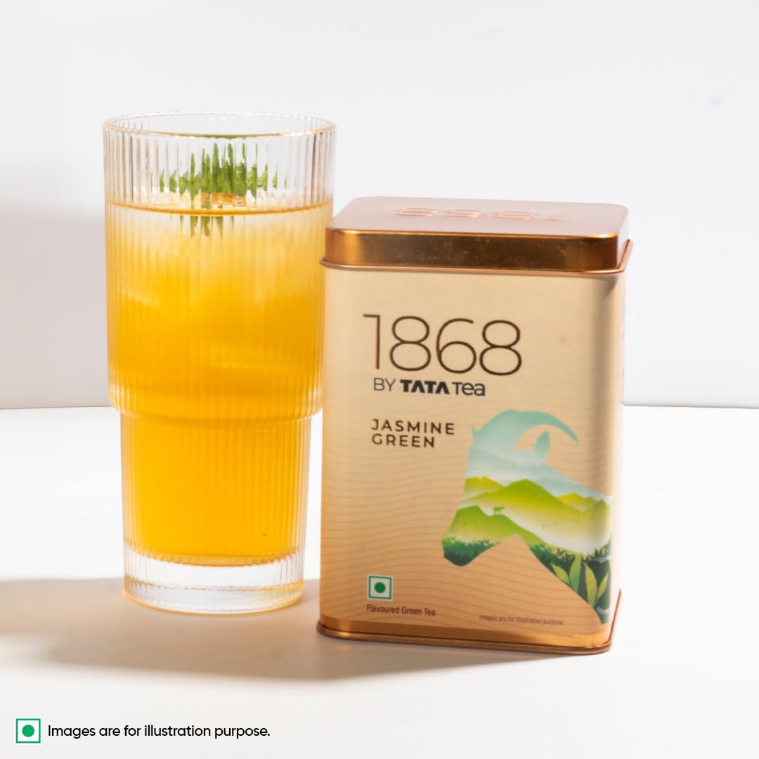 1868 by Tata Tea, Jasmine Green, Munnar Green Tea with Jasmine Oil, Handpicked Whole Leaf, Light, Aromatic, Sweet, From House of TATA (25 cups/50g)