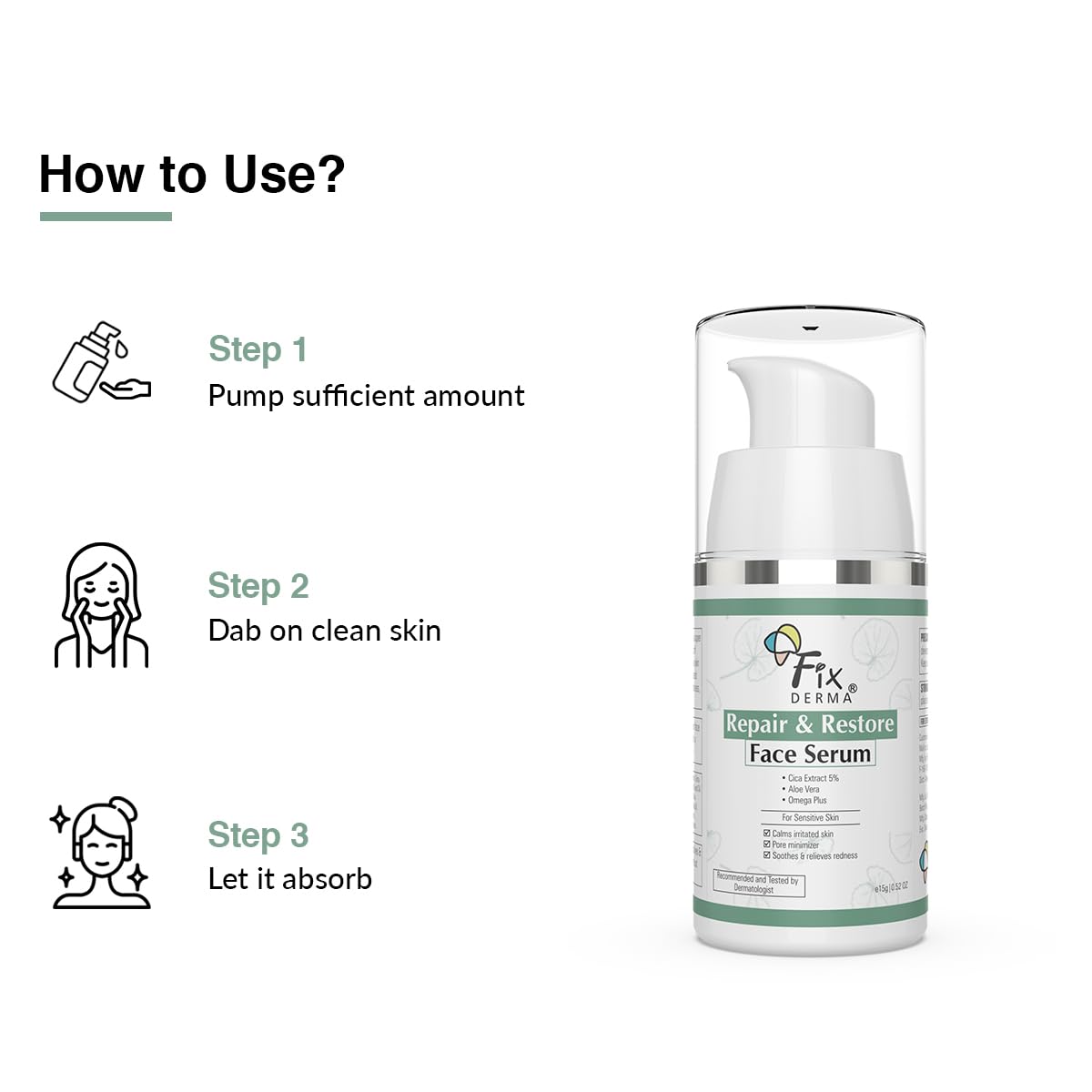 Fixderma 5% Cica Extract Repair & Restore Face Serum for Sensitive Skin with Aloevera | Barrier Repair Serum with Cica & Omega Plus for Men & Women - 15g