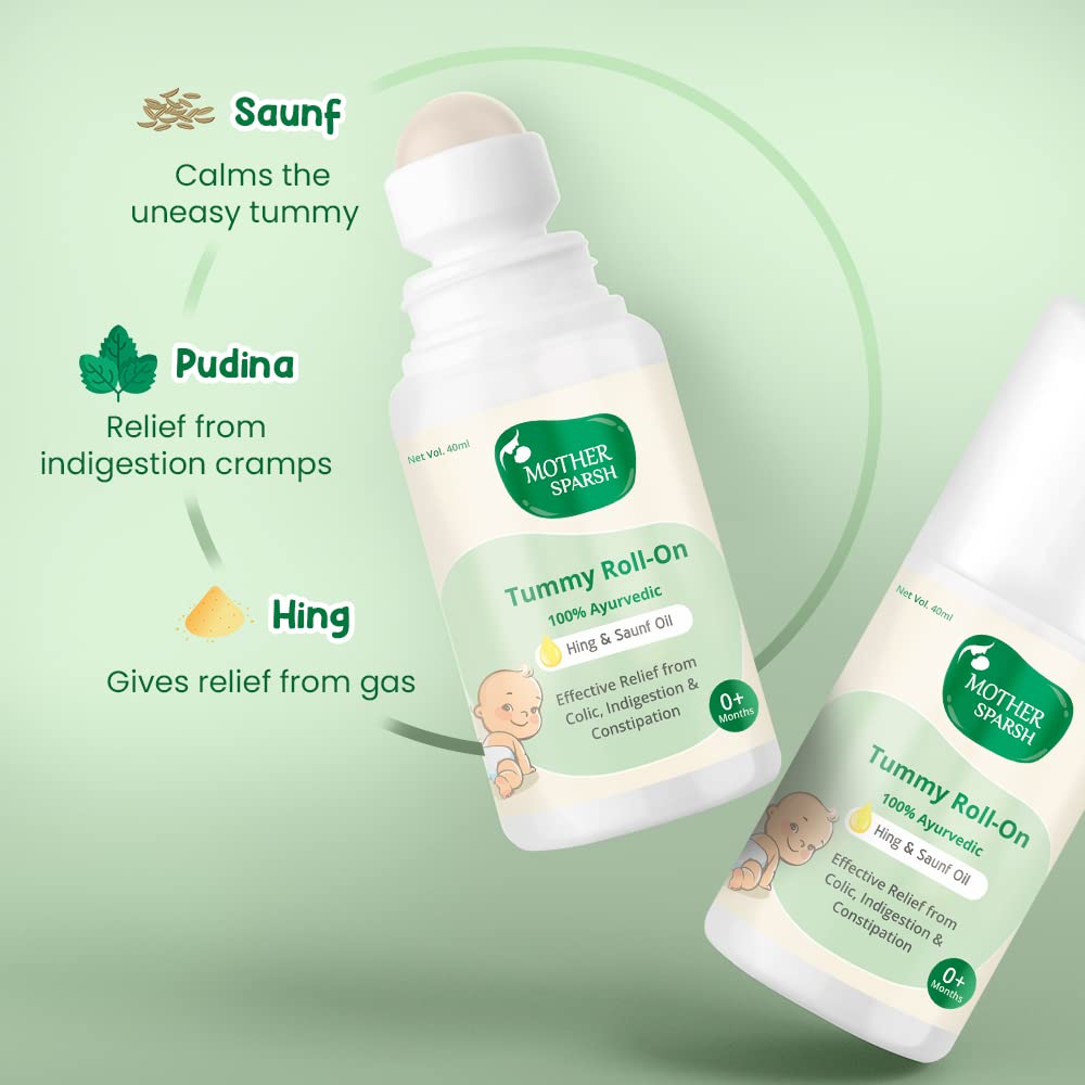 Mother Sparsh Natural Baby Liquid Cleanser (Powered by Plants) Cleanser, Refill Pack (500ml) &Tummy Roll On For Baby, Colic Relief, Constipation and Indigestion With Hing & Saunf - 40ml