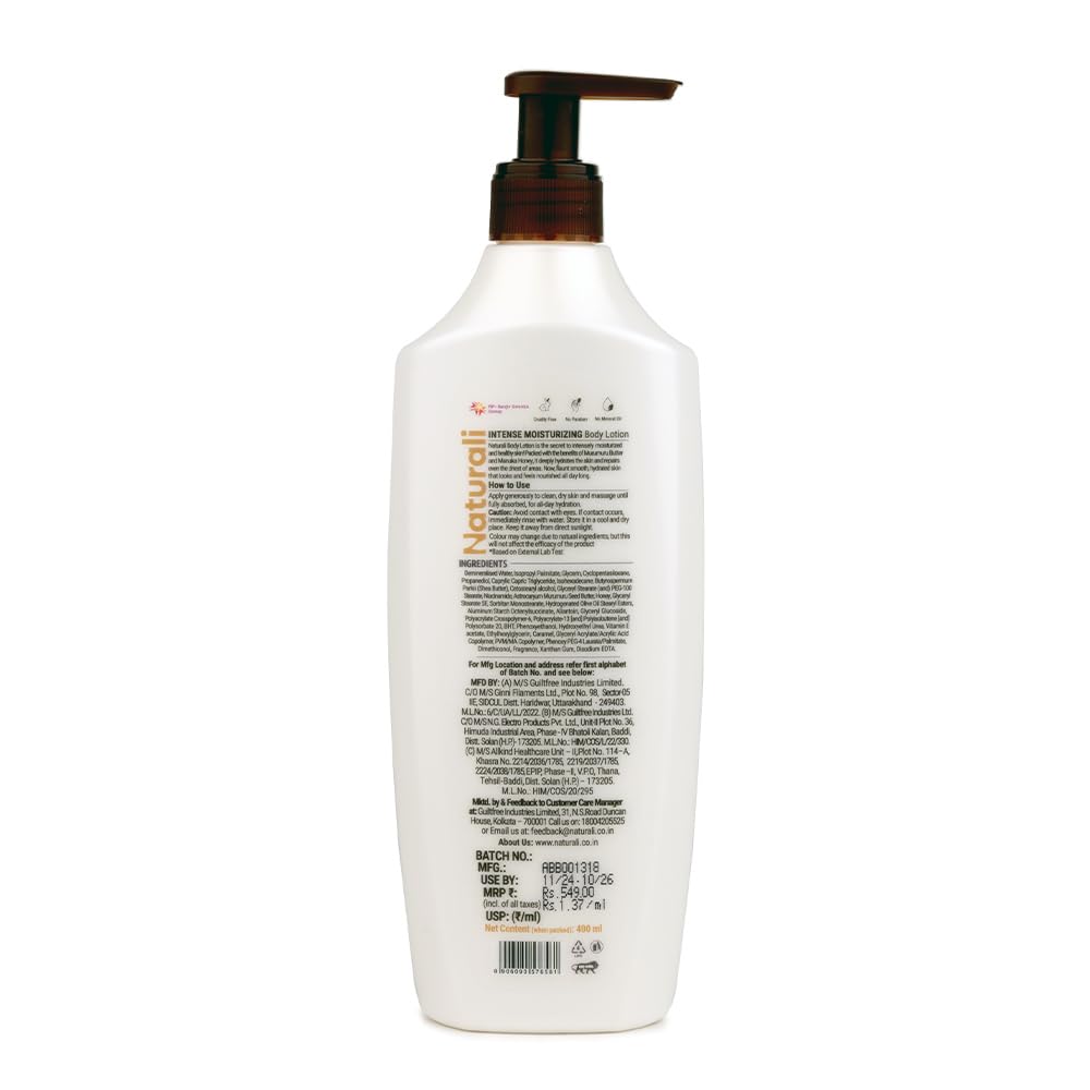 Naturali Intense Moisturisation Body Lotion With Murumuru Butter & Manuka Honey | 48 Hours Deep Moisturisation | Repairs Skin | Paraben & Mineral Oil Free | 400ml
