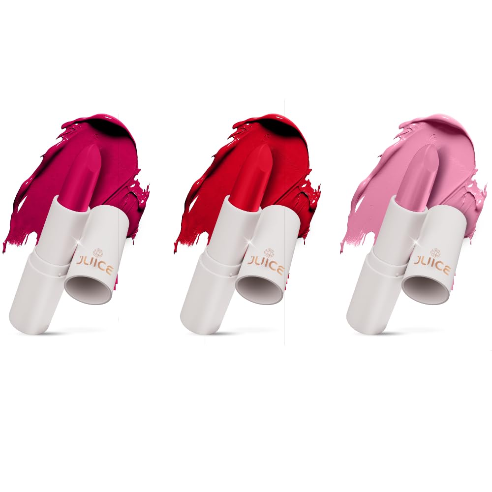 Juice Kiss Sensation Lipstick with Goodness of Bio Retinol, UV Protection & Long lasting Lipstick, Pack of 3 (Red Carpet - M02, Think Pink - M09, Nude Sepia - M12)