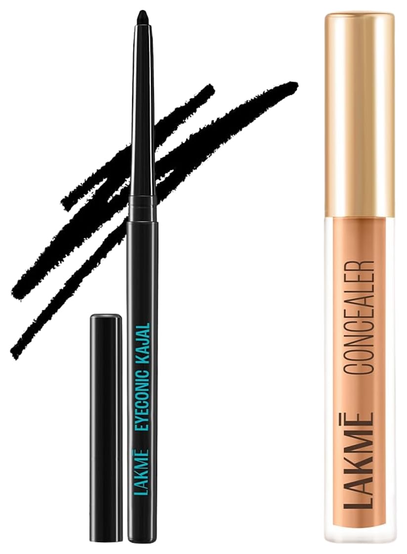 Lakmé Cream Concealer Matte Finish Beige 5.4 ml & Lakmé Eyeconic Black Kajal, Matte Kohl Liner In A Twist Up Pencil, Waterproof, Smudgeproof & Long Lasting Eye Makeup, 0.35g