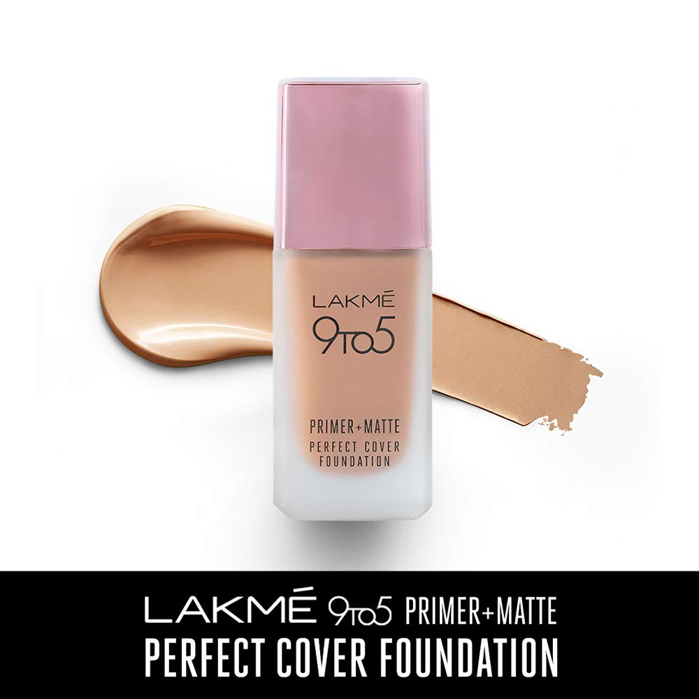 Lakmé 9 To 5 Primer + Matte Perfect Cover Full Liquid Foundation, W240 Warm Beige, 25ml & Absolute Blur Perfect Makeup Primer, Peach, 10g (Acne Prone)
