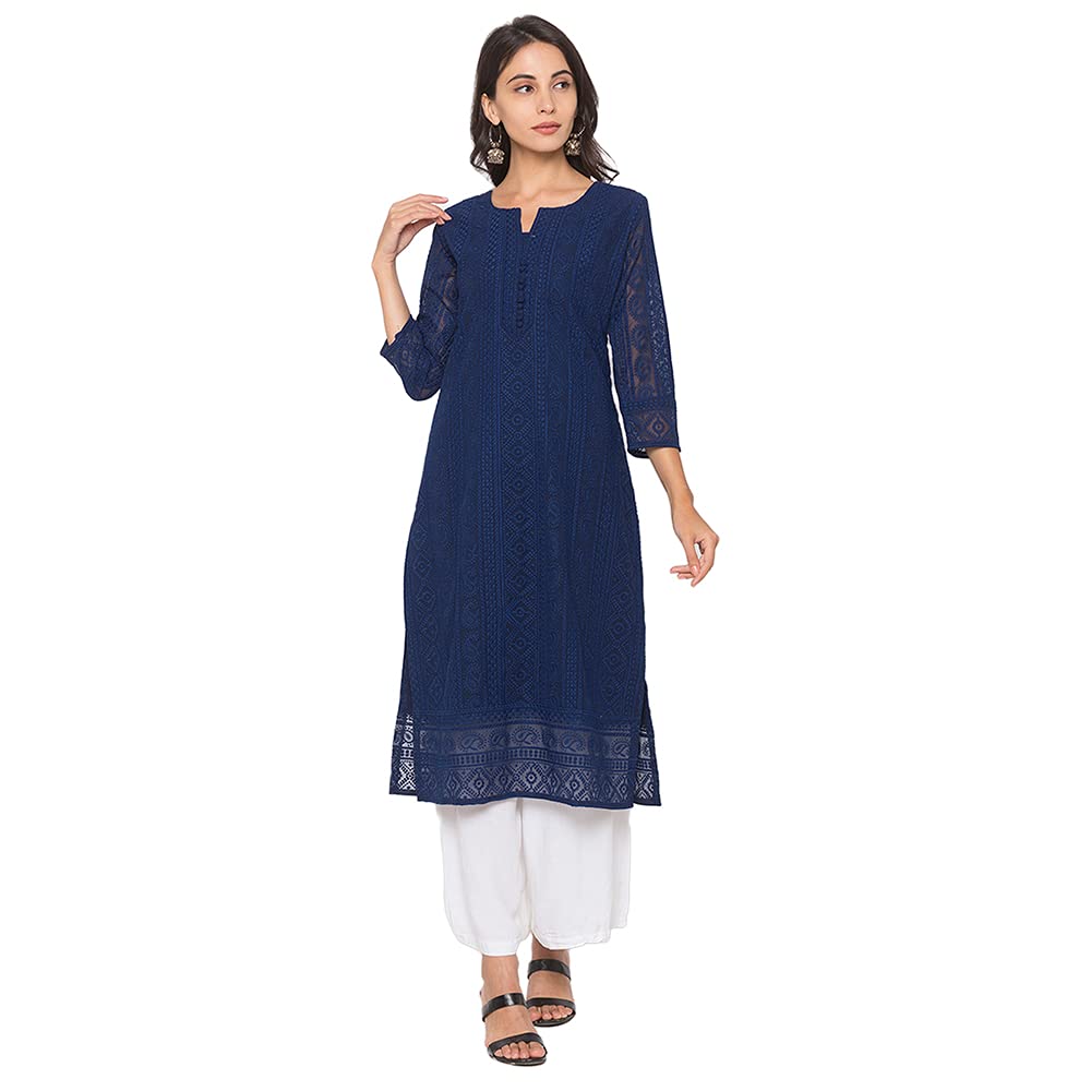 ZOLA Exclusive Georgette Round Neck with 3/4Th Sleeves and Calf Length Luckhnowi Chikan Kari Kurta with Button Placket On Yolk Ethnic Wear Straight Kurta for Women